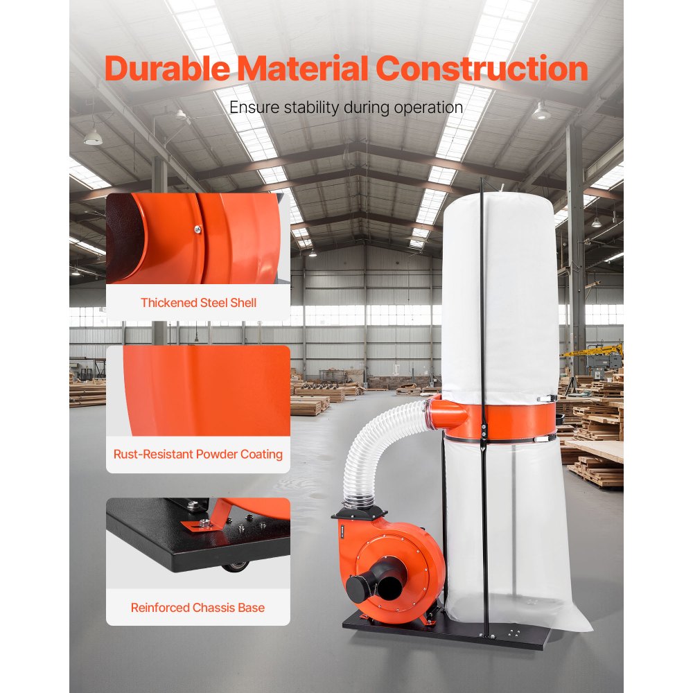 VEVOR Dust Collector, 1200 CFM 2.5 Micron Vortex Cone Dust Collectors, 2.0HP Sawdust Collection System with 132.5L Dusts Collector Bag & 159L Filter Bag, 2800 RPM High Speed, for Woodworking