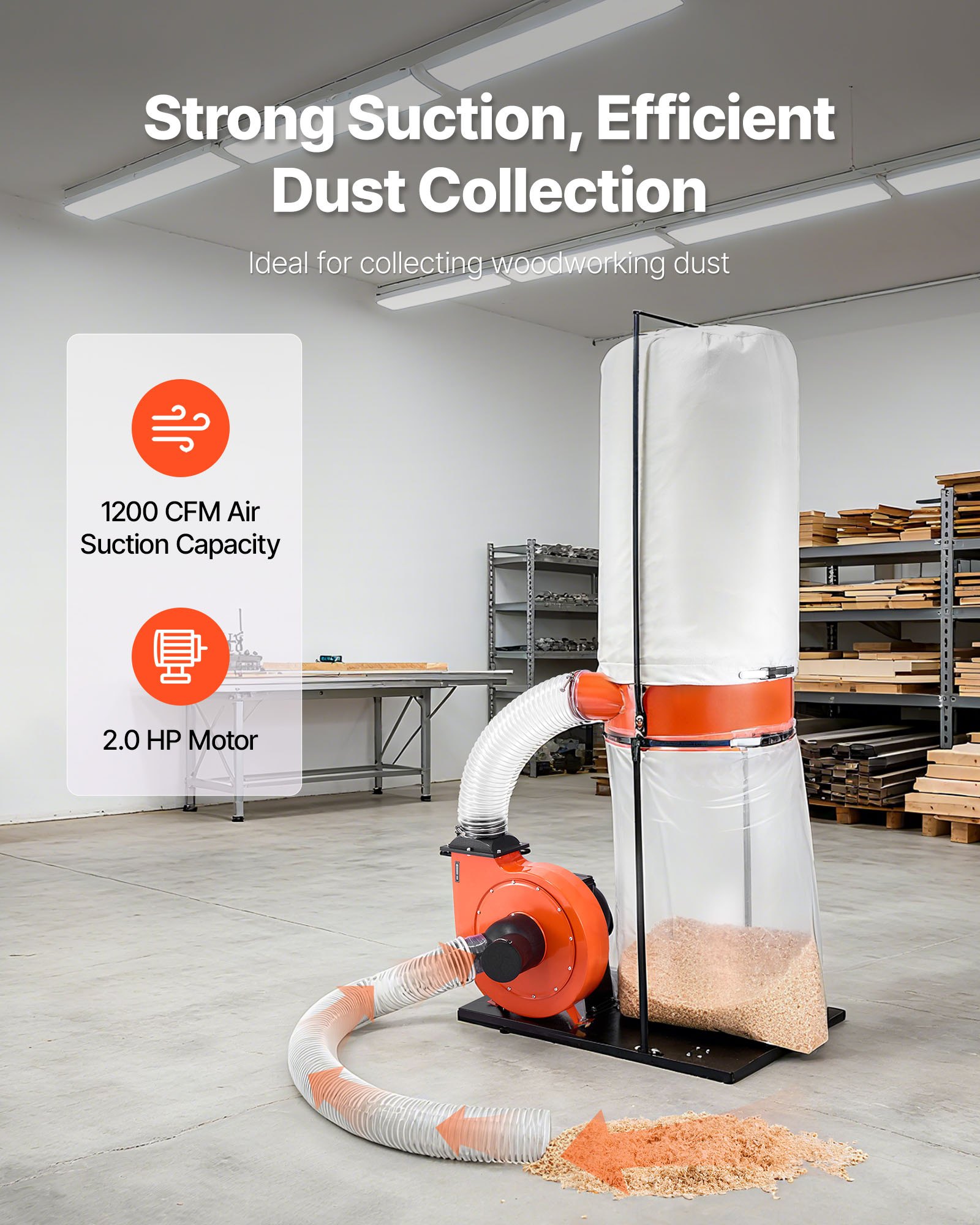 VEVOR Dust Collector, 1200 CFM 2.5 Micron Vortex Cone Dust Collectors, 2.0HP Sawdust Collection System with 132.5L Dusts Collector Bag & 159L Filter Bag, 2800 RPM High Speed, for Woodworking