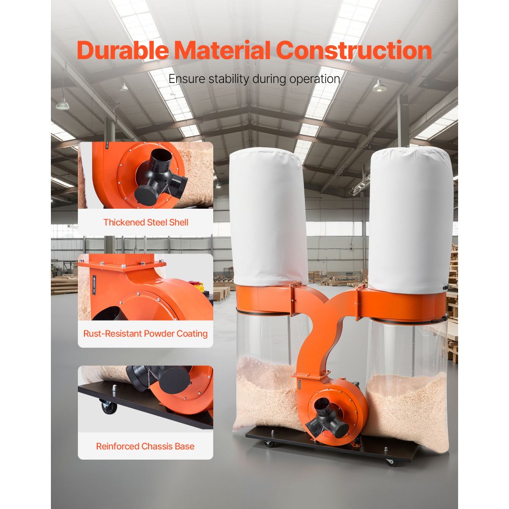 VEVOR Dust Collector, 1550 CFM 2.5 Micron Vortex Cone Dust Collectors, 3.0HP Sawdust Collection System with Two 132.5L Dusts Collector Bags & Two 159L Filter Bags, 2800 RPM, Non-Woven Fabric
