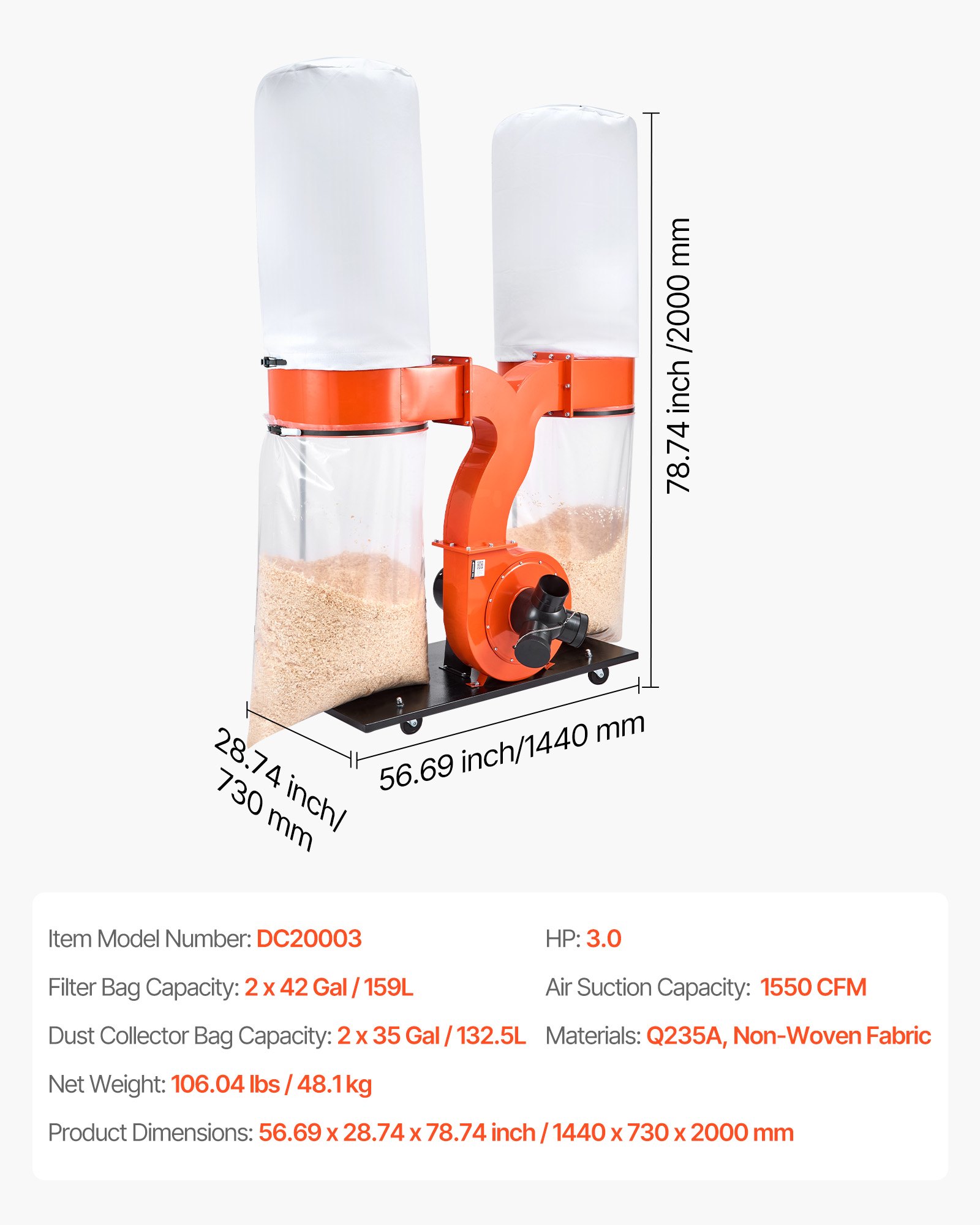 VEVOR Dust Collector, 1550 CFM 2.5 Micron Vortex Cone Dust Collectors, 3.0HP Sawdust Collection System with Two 132.5L Dusts Collector Bags & Two 159L Filter Bags, 2800 RPM, Non-Woven Fabric