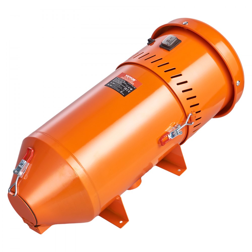 VEVOR dust collection system in orange with mounting brackets and inspection label, side view.