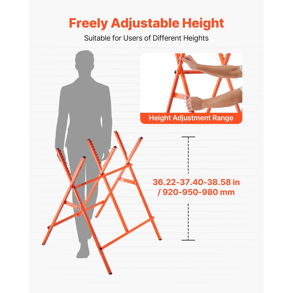 VEVOR Saw Horses, 2 Pack Folding Work Horses, 260 lbs Load Capacity Sawhorse with Heavy Duty Legs, Adjustable Height Saw Horse with Non-Slip Foot Pads, for Woodworking, Carpenters & Contractors