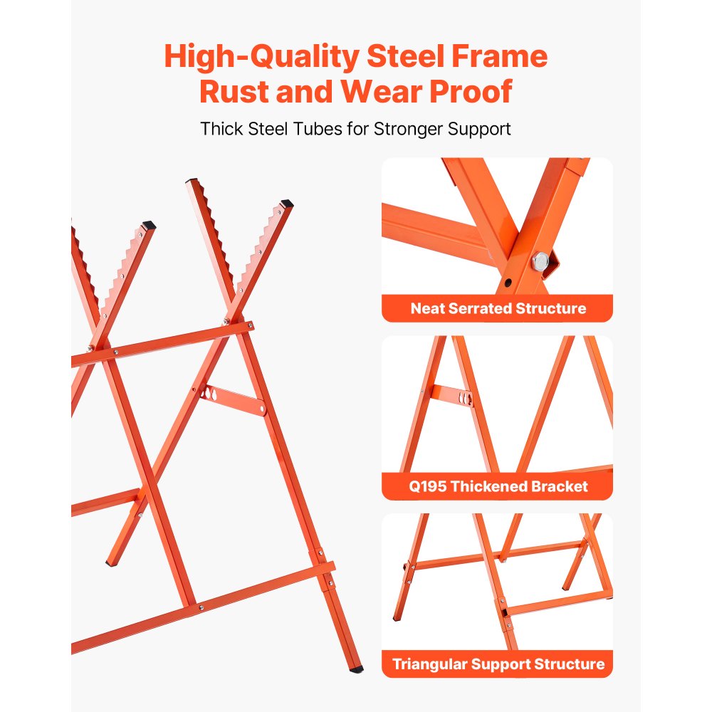 VEVOR Saw Horses, 2 Pack Folding Work Horses, 260 lbs Load Capacity Sawhorse with Heavy Duty Legs, Adjustable Height Saw Horse with Non-Slip Foot Pads, for Woodworking, Carpenters & Contractors