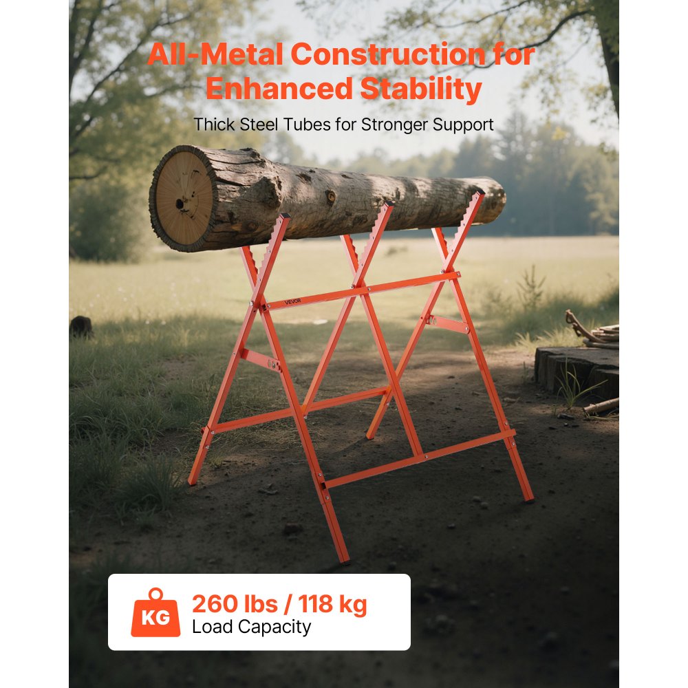 VEVOR Saw Horses, Folding Work Horses, 117.9 kg (260 lbs) Load Capacity Sawhorse with Heavy Duty Legs, Adjustable Height Saw Horse with Non-Slip Foot Pads, for Woodworking, Carpenters & Contractors