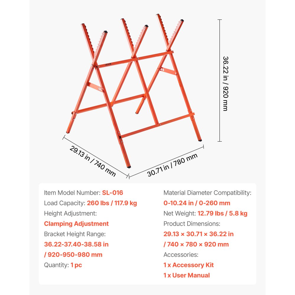 VEVOR Saw Horses, Folding Work Horses, 117.9 kg (260 lbs) Load Capacity Sawhorse with Heavy Duty Legs, Adjustable Height Saw Horse with Non-Slip Foot Pads, for Woodworking, Carpenters & Contractors