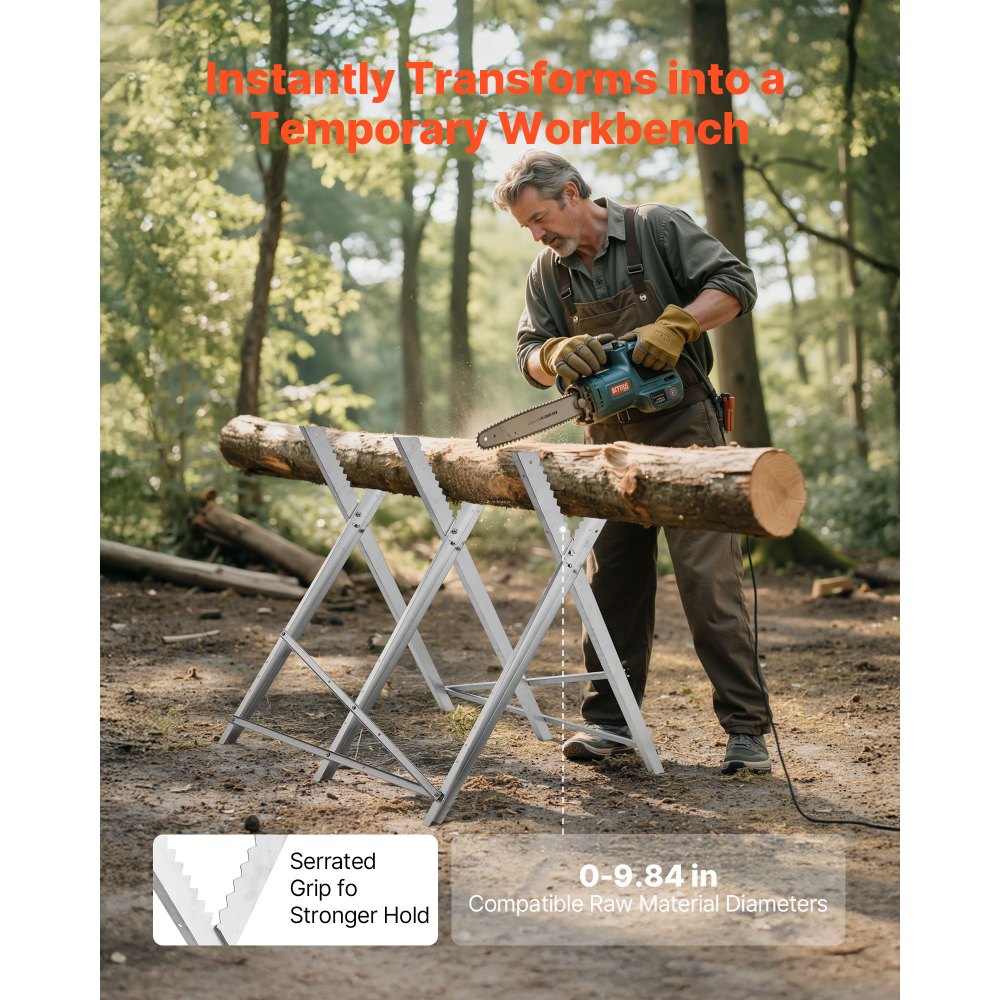 VEVOR Saw Horse, 149.7 kg Capacity Folding Work Horse with Heavy Duty Legs, All-Metal Sawhorses with High-Quality Steel Frame, Aligned Serrated Structure, for Woodworking, Carpenters & Contractors