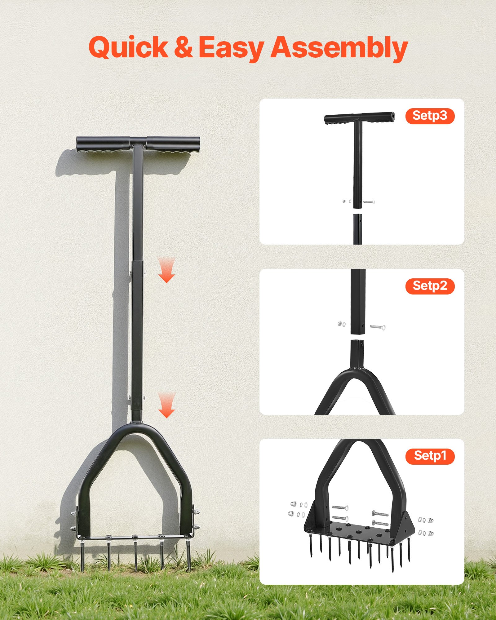 VEVOR Lawn Aerator, 9.2 in Manual Core Aerator Tool with 15 Iron Spikes, Long Handle & Wide Plate, Heavy Duty Grass Aeration Tool, Yard Aerators for Compacted Hardened Soil Lawn Aeration