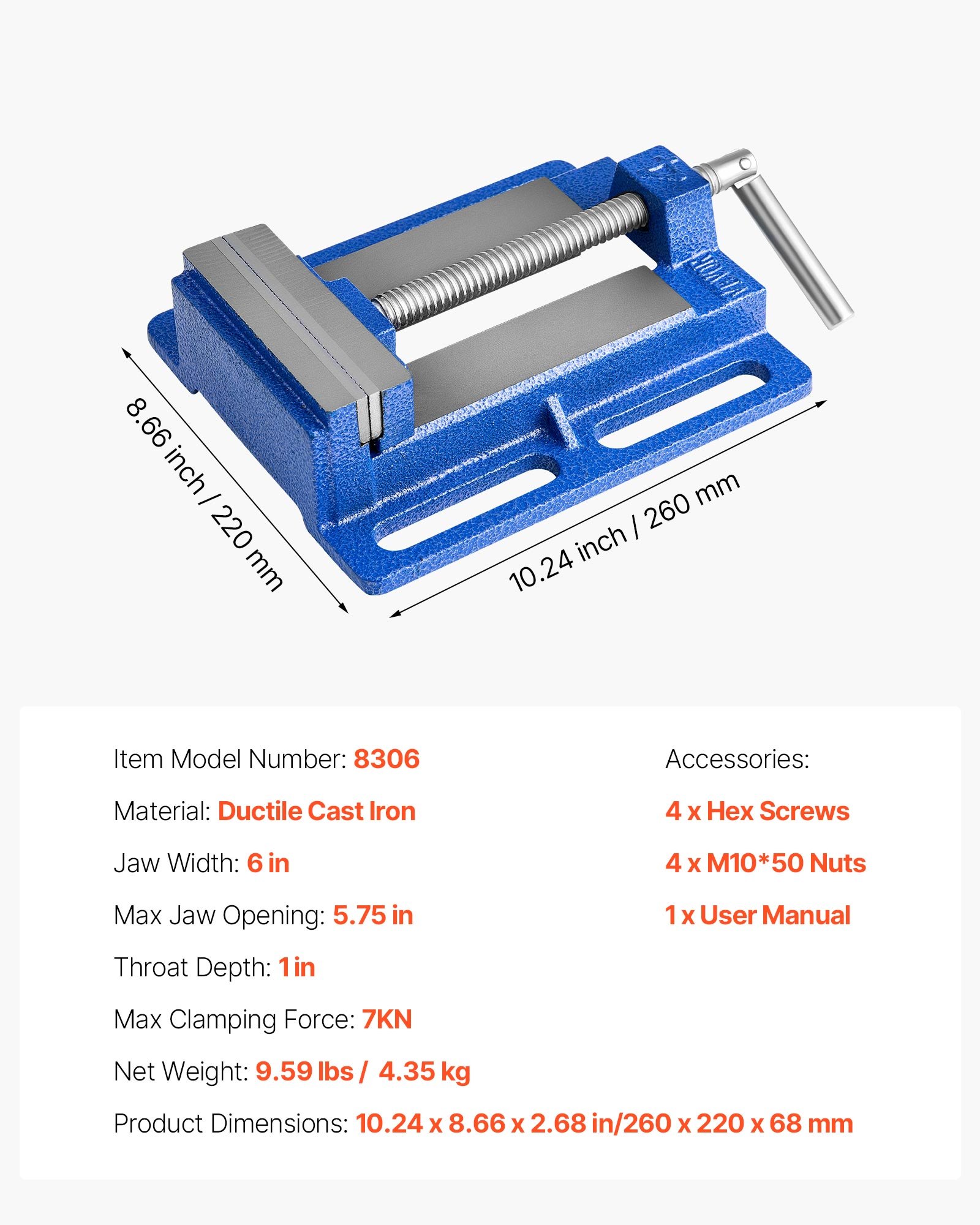 VEVOR Drill Press Vise, 6 Inch Jaw Width, Portable Bench Vise, Slotted Base for Easy Installation, Durable Cast Iron Construction, Workbench Vice, for Woodworking, Metalworking, Drilling, and Cutting