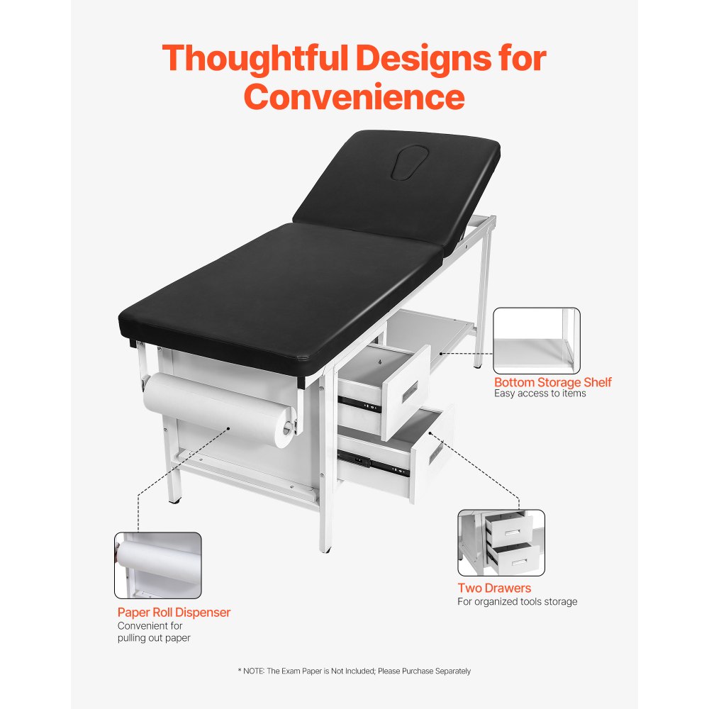 VEVOR Medical Exam Table, Medical Examination Bed & Adjustable Backrest, Physical Therapy Exam Table with Drawers, Storage Shelf, Paper Roll Dispenser for Hospital Clinic Rehab Centers，227kg Loading