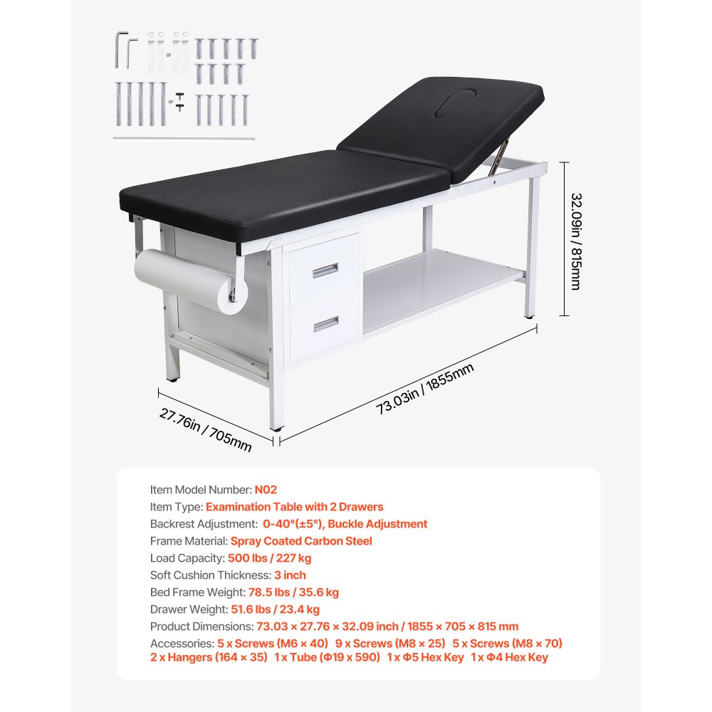 VEVOR Medical Exam Table, Medical Examination Bed & Adjustable Backrest, Physical Therapy Exam Table with Drawers, Storage Shelf, Paper Roll Dispenser for Hospital Clinic Rehab Centers，227kg Loading