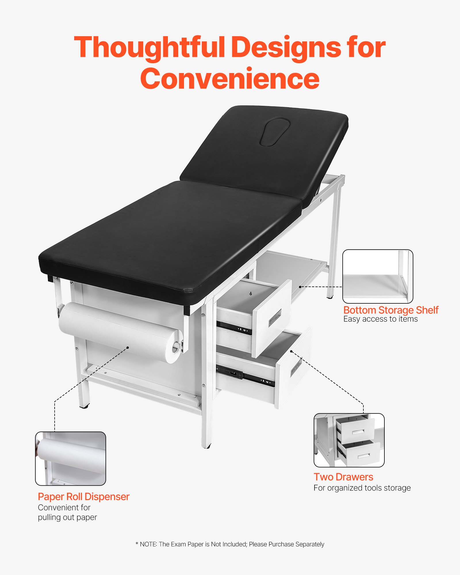 VEVOR Medical Exam Table, Medical Examination Bed & Adjustable Backrest, Physical Therapy Exam Table with Drawers, Storage Shelf, Paper Roll Dispenser for Hospital Clinic Rehab Centers，227kg Loading