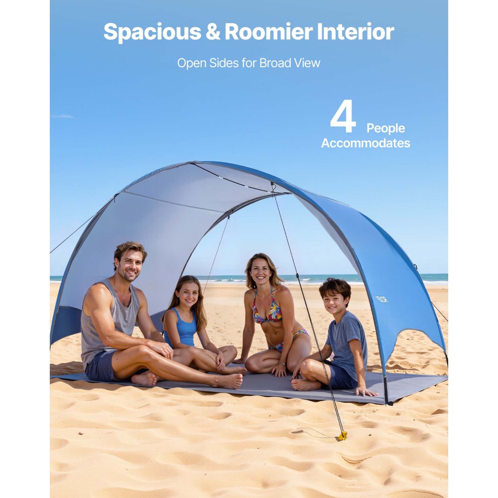 VEVOR Beach Tent Sun Shelter for 4 Person, UPF 50+ Protection, Portable Sun Shade Canopy with Carrying Bag & Ground Stakes, Lightweight and Easy Setup Beach Umbrella for Camping Fishing Outdoor Picnic