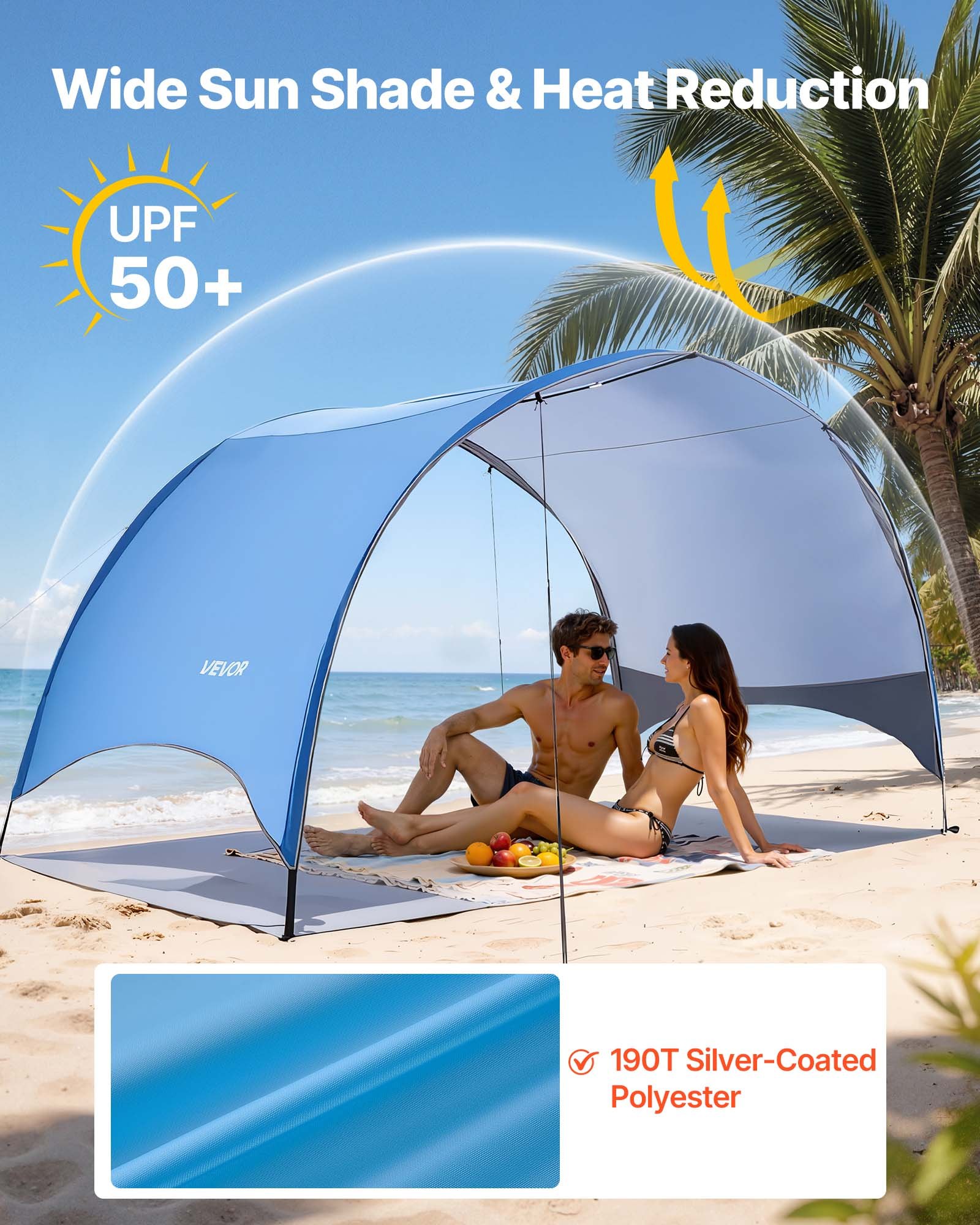 VEVOR Beach Tent Sun Shelter for 4 Person, UPF 50+ Protection, Portable Sun Shade Canopy with Carrying Bag & Ground Stakes, Lightweight and Easy Setup Beach Umbrella for Camping Fishing Outdoor Picnic