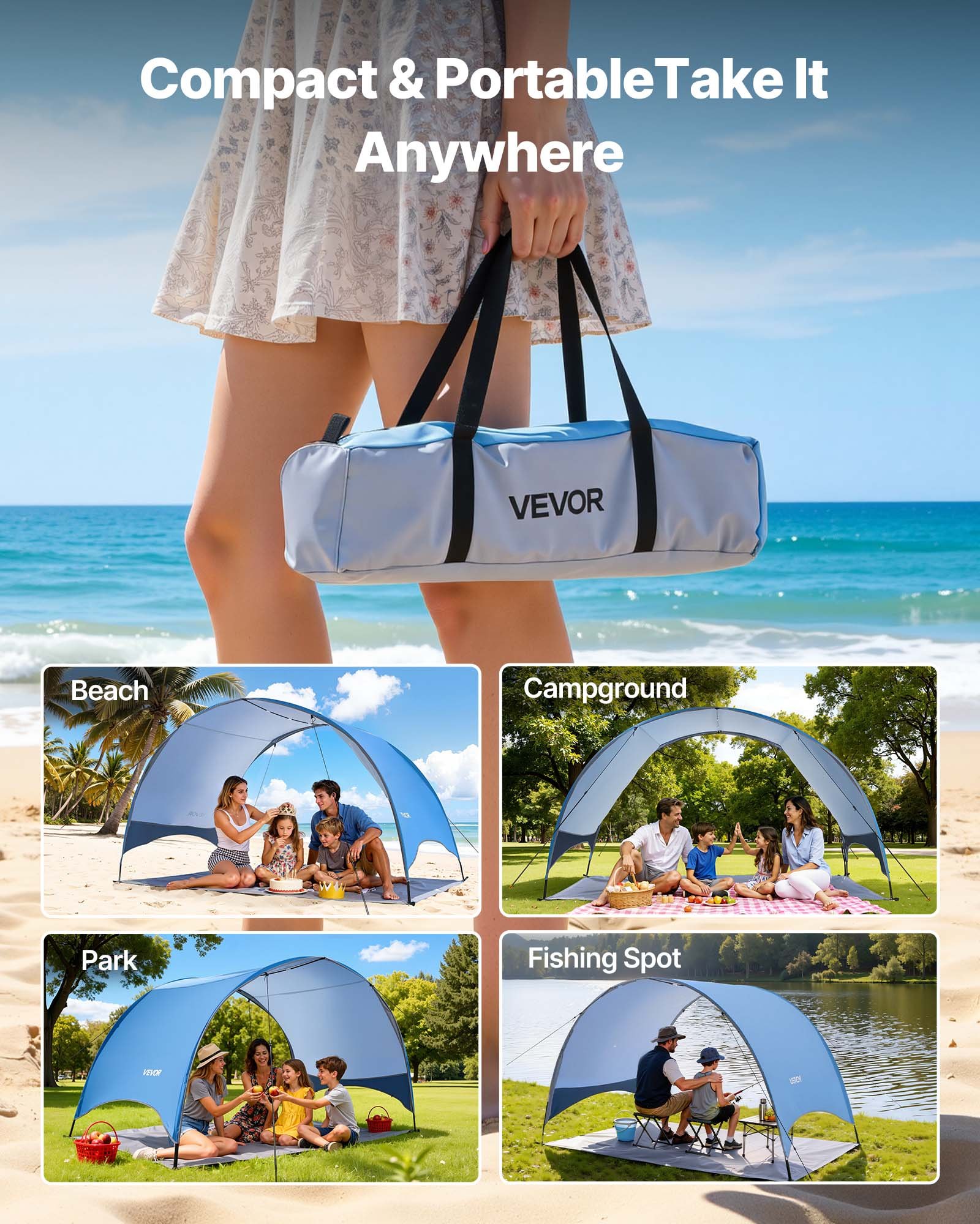 VEVOR Beach Tent Sun Shelter for 4 Person, UPF 50+ Protection, Portable Sun Shade Canopy with Carrying Bag & Ground Stakes, Lightweight and Easy Setup Beach Umbrella for Camping Fishing Outdoor Picnic