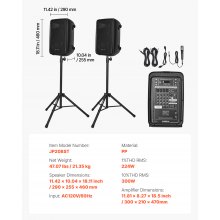 2 X 8 in Speakers Portable PA System 300W Mixer Bluetooth Mic for DJ Party