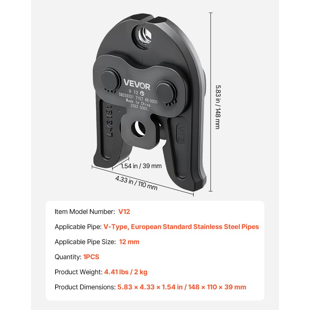 VEVOR V12 Pressing Jaw, 12mm Press Jaw for V-Type Stainless Steel Pipes, High-Strength Carburized Steel Crimping Jaws Compatible with Standard Press Tools