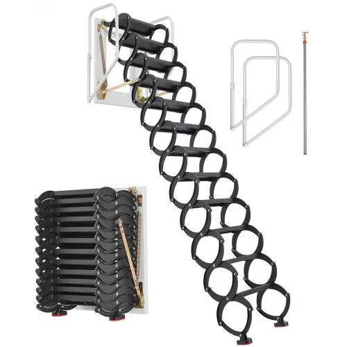 VEVOR Attic Ladder Wall-Mounted, 660LBS/299.4KG Capacity, Fits 9.5 to 10 ft Ceiling Height, 12-Step Steel Folding Stairs with Handrails, Pull Down Attic Ladders for Attics, Garages, Roofs, Basements