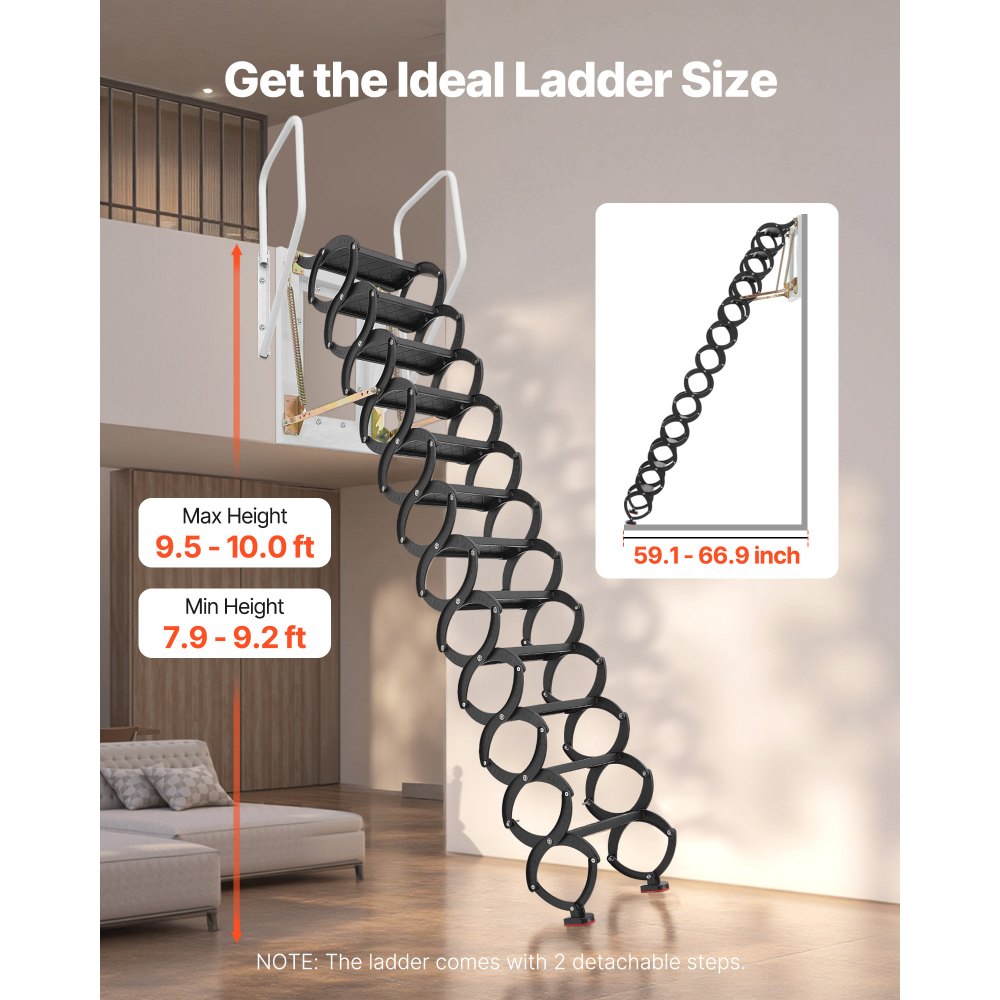 VEVOR Attic Ladder Wall-Mounted, 660LBS/299.4KG Capacity, Fits 9.5 to 10 ft Ceiling Height, 12-Step Steel Folding Stairs with Handrails, Pull Down Attic Ladders for Attics, Garages, Roofs, Basements