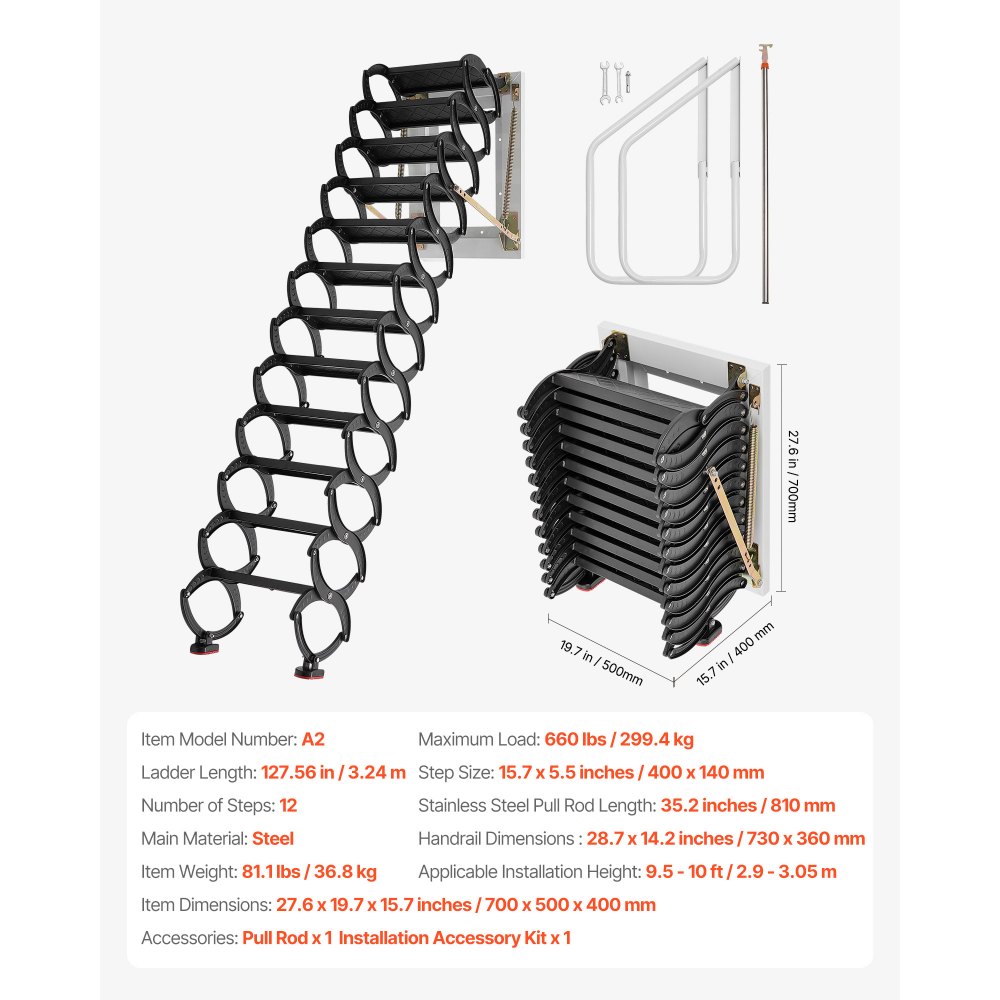 VEVOR Attic Ladder Wall-Mounted, 660LBS/299.4KG Capacity, Fits 9.5 to 10 ft Ceiling Height, 12-Step Steel Folding Stairs with Handrails, Pull Down Attic Ladders for Attics, Garages, Roofs, Basements