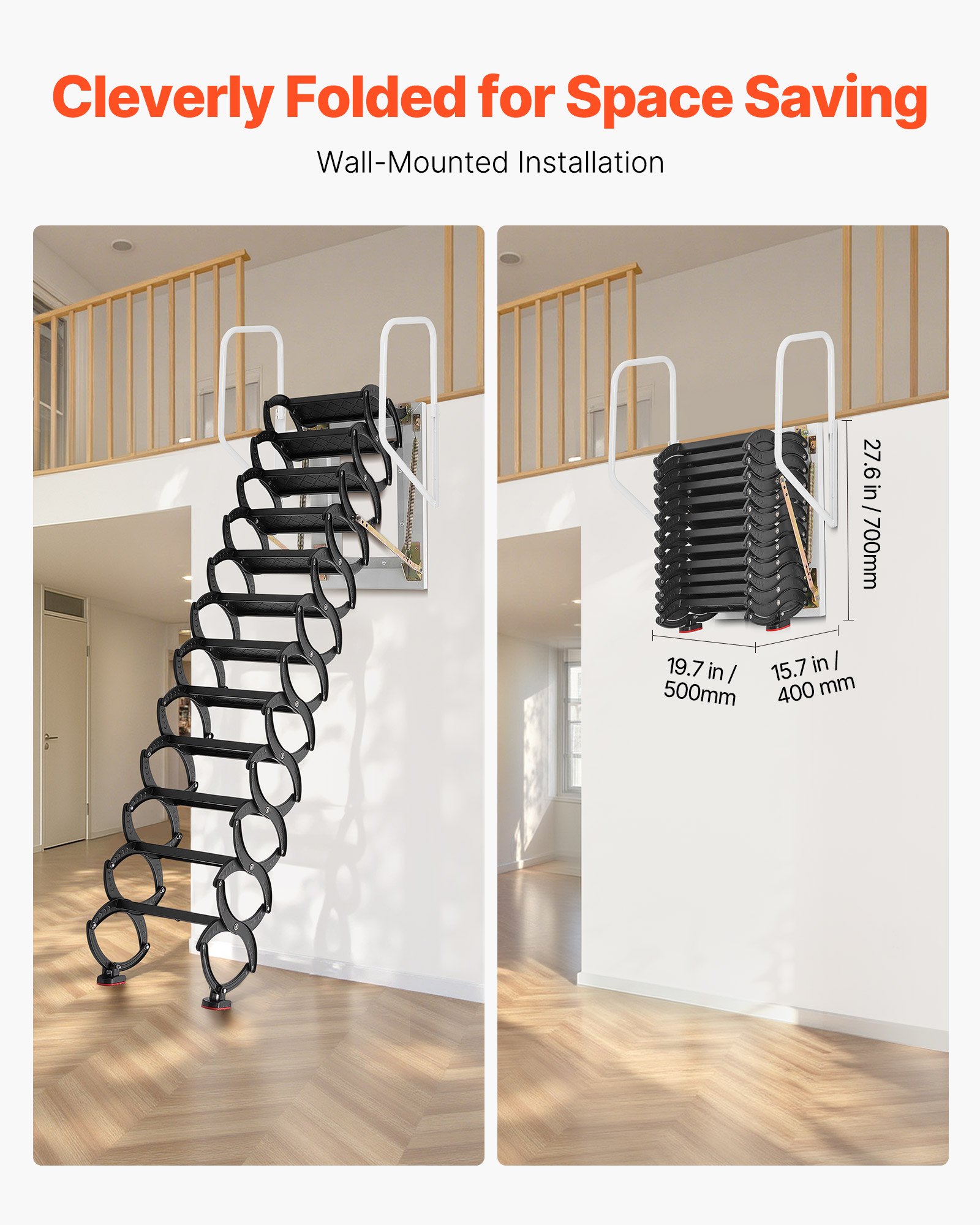 VEVOR Attic Ladder Wall-Mounted, 660LBS/299.4KG Capacity, Fits 9.5 to 10 ft Ceiling Height, 12-Step Steel Folding Stairs with Handrails, Pull Down Attic Ladders for Attics, Garages, Roofs, Basements