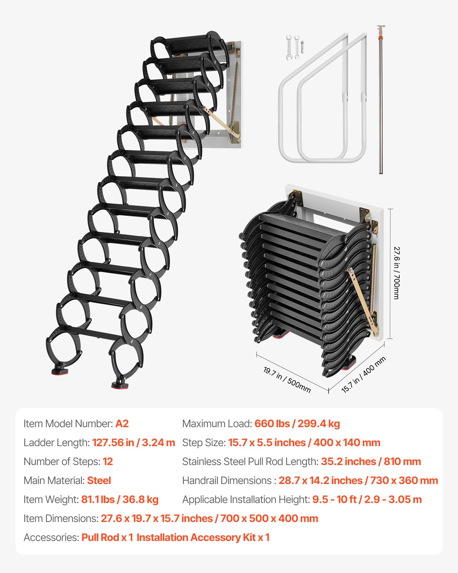 VEVOR Attic Ladder Wall-Mounted, 660LBS/299.4KG Capacity, Fits 9.5 to 10 ft Ceiling Height, 12-Step Steel Folding Stairs with Handrails, Pull Down Attic Ladders for Attics, Garages, Roofs, Basements