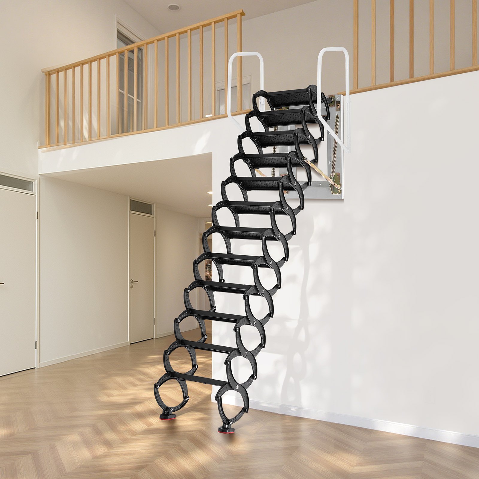 VEVOR Attic Ladder Wall-Mounted, 660LBS/299.4KG Capacity, Fits 9.5 to 10 ft Ceiling Height, 12-Step Steel Folding Stairs with Handrails, Pull Down Attic Ladders for Attics, Garages, Roofs, Basements