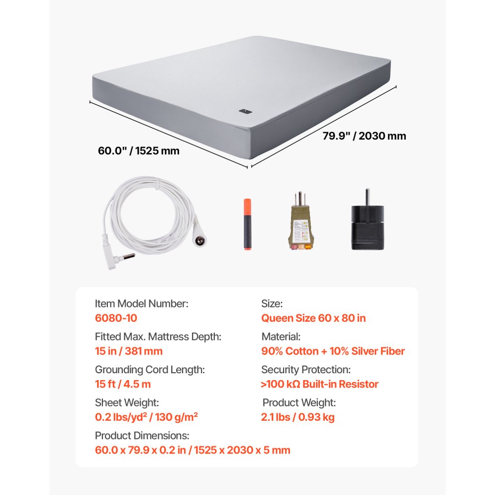 VEVOR Grounding Sheets, Queen Size, 90% Cotton + 10% Pure Silver Fiber, Earth Grounded Fitted Sheets, with Grounding Cord & Tester, for Improved Sleep & Wellness (Gray, Queen - 1524 x 2032 x 381 mm)