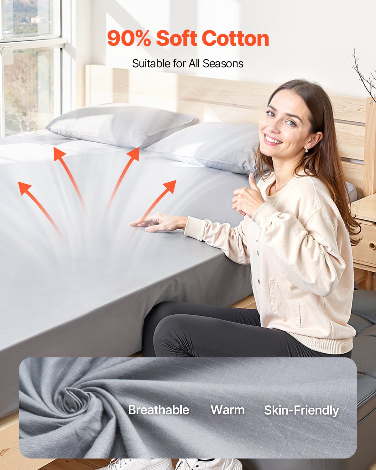 VEVOR Grounding Sheets, Queen Size, 90% Cotton + 10% Pure Silver Fiber, Earth Grounded Fitted Sheets, with Grounding Cord & Tester, for Improved Sleep & Wellness (Gray, Queen - 1524 x 2032 x 381 mm)