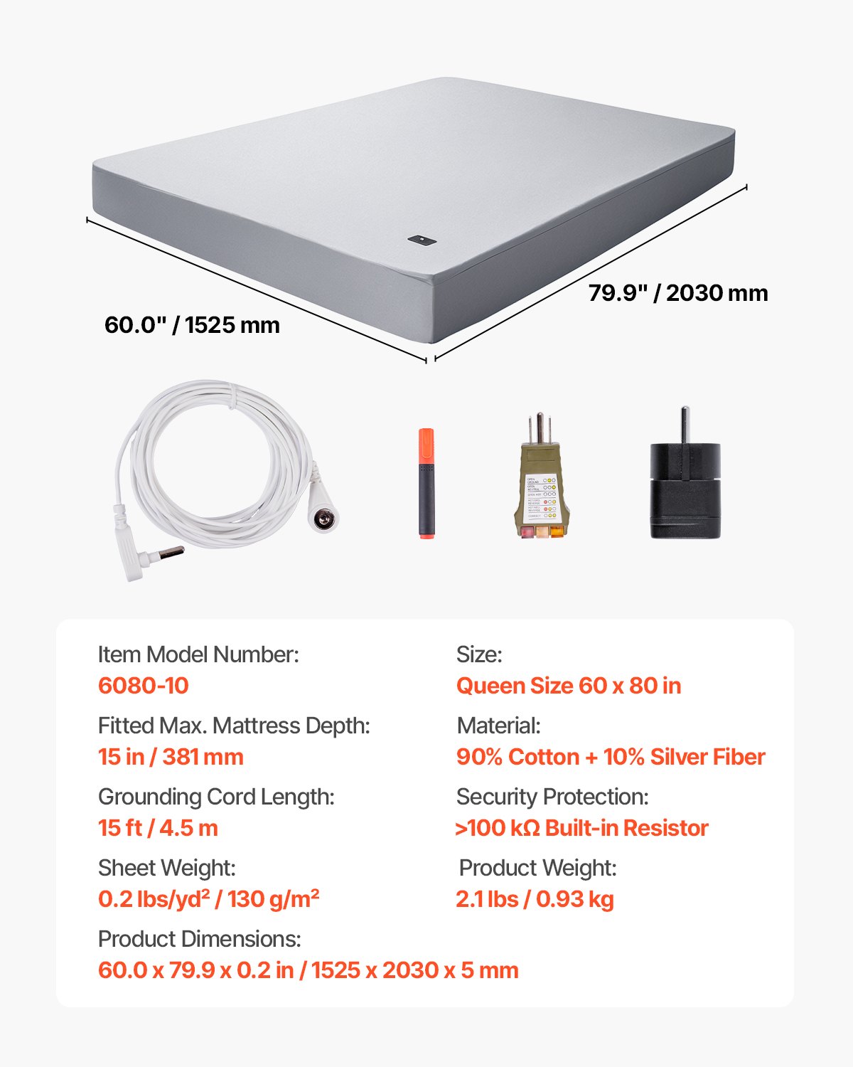 VEVOR Grounding Sheets, Queen Size, 90% Cotton + 10% Pure Silver Fiber, Earth Grounded Fitted Sheets, with Grounding Cord & Tester, for Improved Sleep & Wellness (Gray, Queen - 1524 x 2032 x 381 mm)