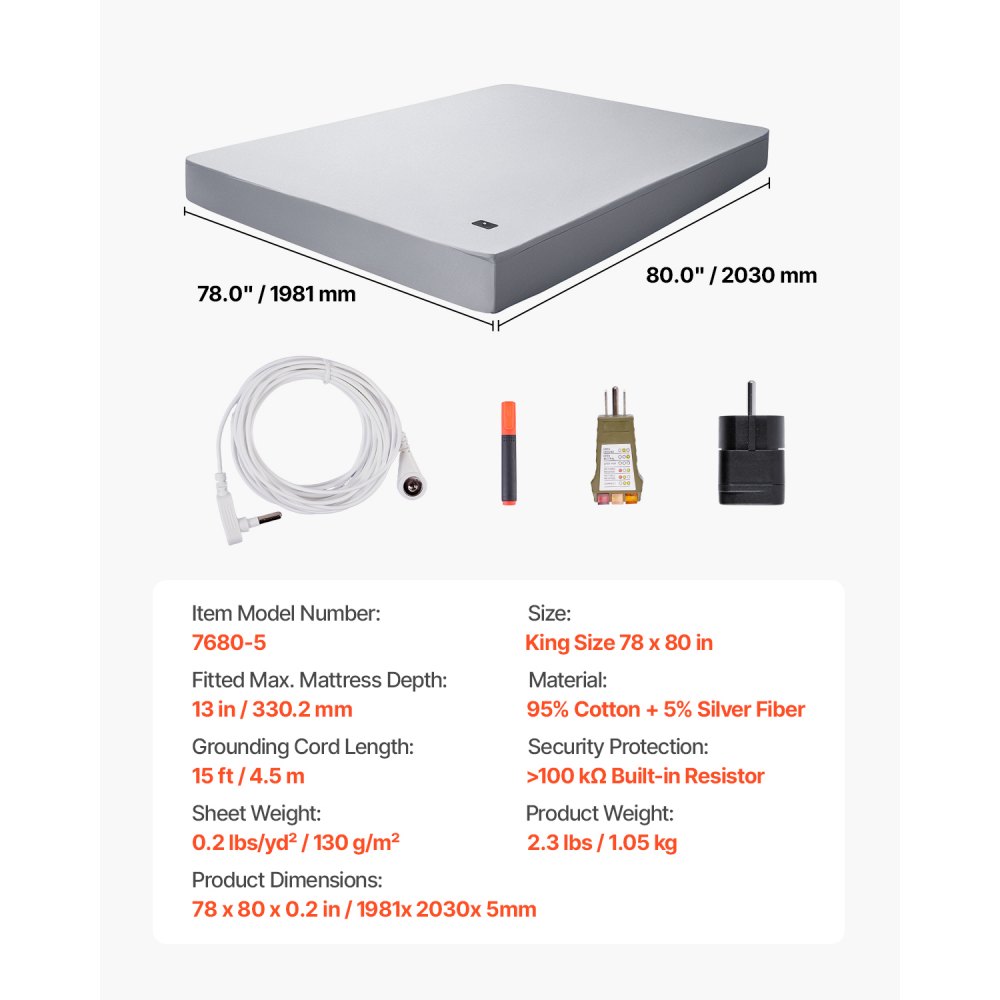VEVOR Grounding Sheets, King Size, 95% Cotton + 5% Pure Silver Fiber, Earth Grounded Fitted Sheets, with Grounding Cord & Tester, for Improved Sleep & Wellness (Gray, King - 1981.2 x 2032 x 330.2 mm)