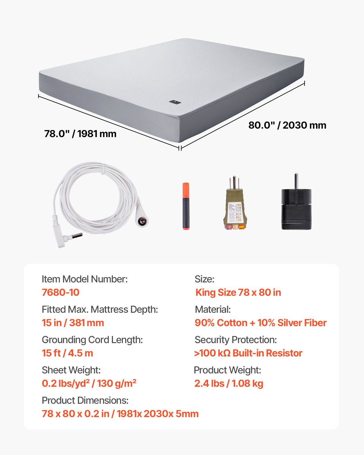 VEVOR Grounding Sheets, King Size, 90% Cotton + 10% Pure Silver Fiber, Earth Grounded Fitted Sheets, with Grounding Cord & Tester, for Improved Sleep & Wellness (Gray, King - 1981.2 x 2032 x 381 mm)
