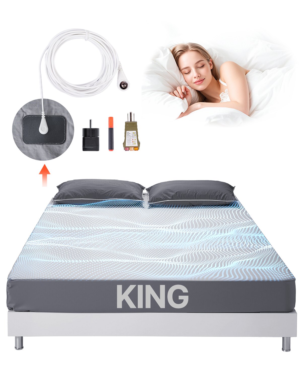 VEVOR Grounding Sheets, King Size, 90% Cotton + 10% Pure Silver Fiber, Earth Grounded Fitted Sheets, with Grounding Cord & Tester, for Improved Sleep & Wellness (Gray, King - 1981.2 x 2032 x 381 mm)