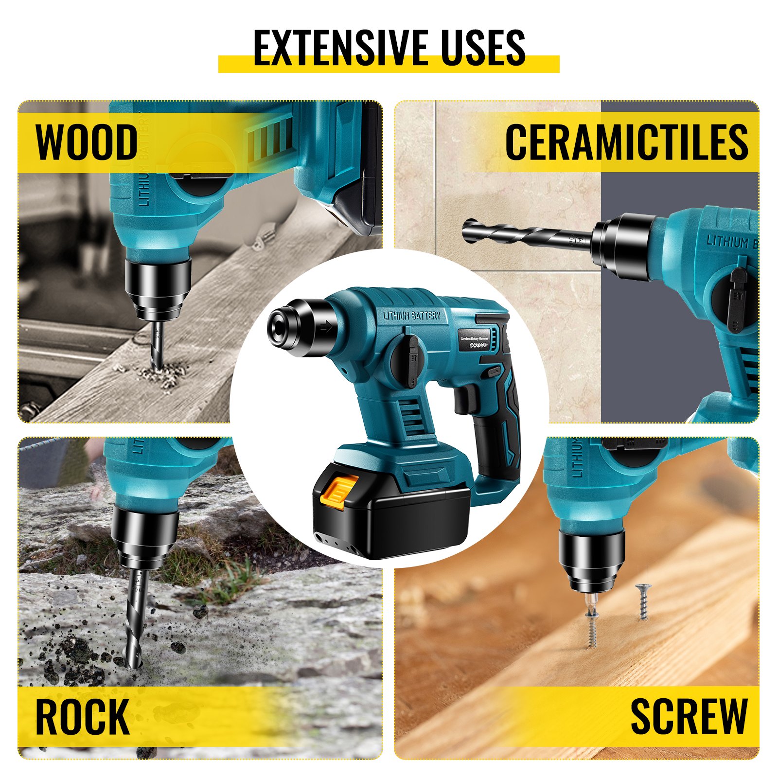 VEVOR SDS-Plus Rotary Hammer Drill, 900 RPM & 4500 BPM Electric Hammer, 2 Functions Include Drilling & Hammer Drilling, Cordless Drill Kit w/Drill Bits & Case Ideal for Concrete, Steel, and Wood