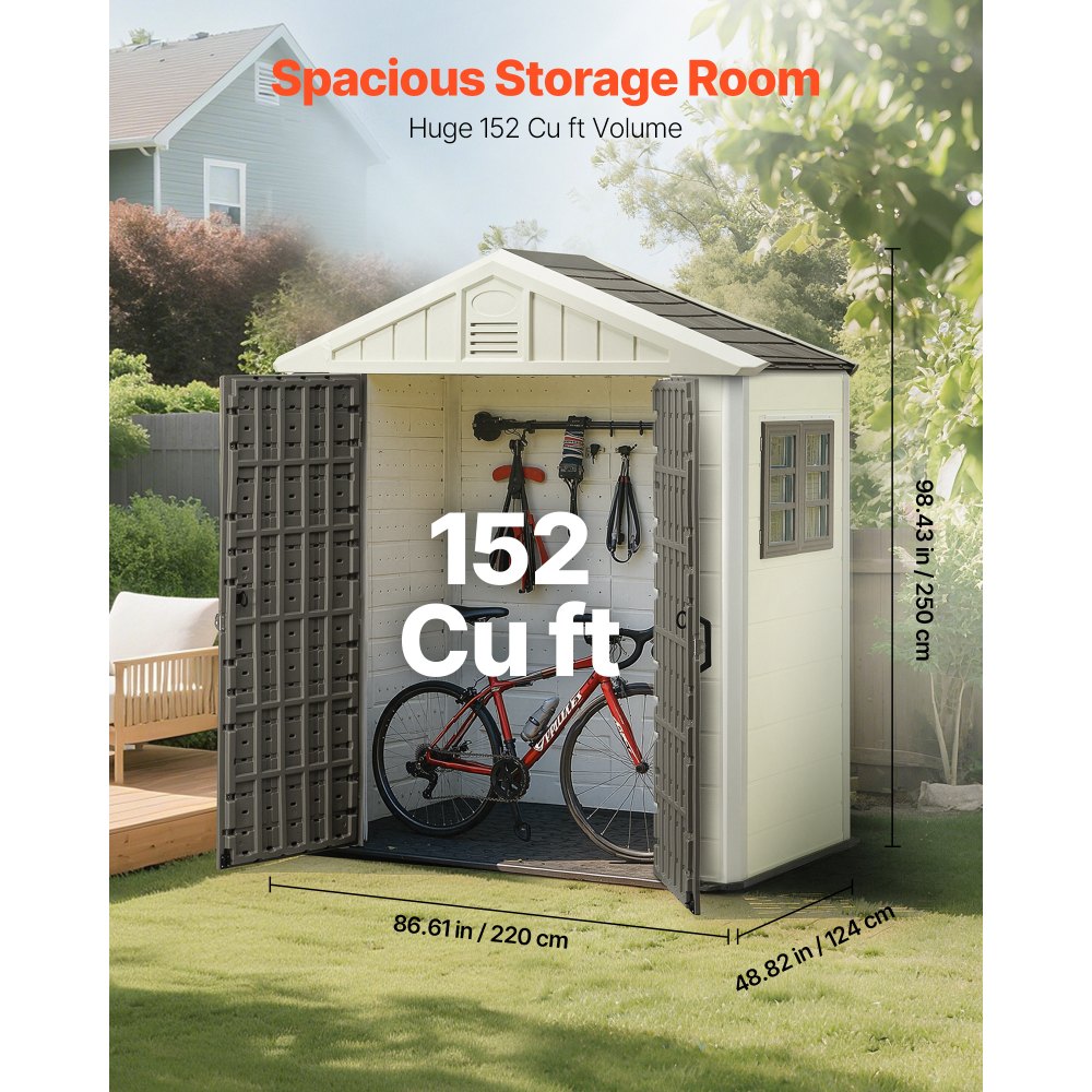 VEVOR Outdoor Storage Shed, 4x8 Ft, Heavy-Duty Resin Tool Shed, with Reinforced Floor, Skylight, Lockable Door, Weather Resistant, 152 Cu. Ft. for Garden Tools, Lawn Mower, Bike, Backyard, Patio, Grey