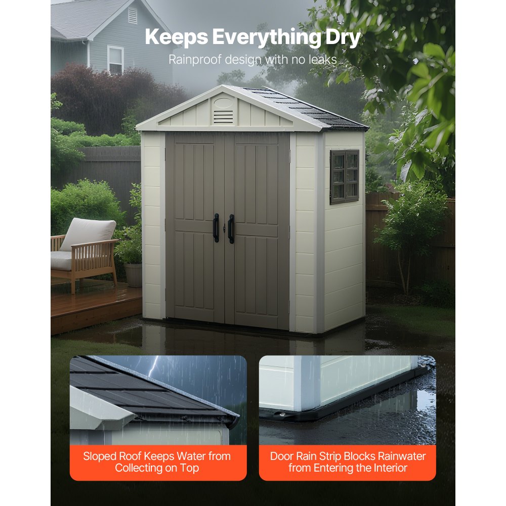 VEVOR Outdoor Storage Shed, 4x8 Ft, Heavy-Duty Resin Tool Shed, with Reinforced Floor, Skylight, Lockable Door, Weather Resistant, 152 Cu. Ft. for Garden Tools, Lawn Mower, Bike, Backyard, Patio, Grey