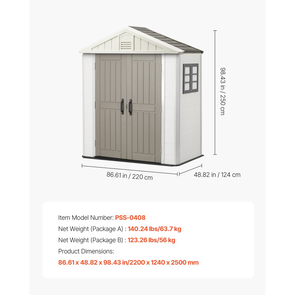 VEVOR Outdoor Storage Shed, 4x8 Ft, Heavy-Duty Resin Tool Shed, with Reinforced Floor, Skylight, Lockable Door, Weather Resistant, 152 Cu. Ft. for Garden Tools, Lawn Mower, Bike, Backyard, Patio, Grey