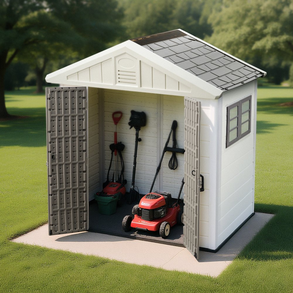 VEVOR Outdoor Storage Shed, 4x8 Ft, Heavy-Duty Resin Tool Shed, with Reinforced Floor, Skylight, Lockable Door, Weather Resistant, 152 Cu. Ft. for Garden Tools, Lawn Mower, Bike, Backyard, Patio, Grey