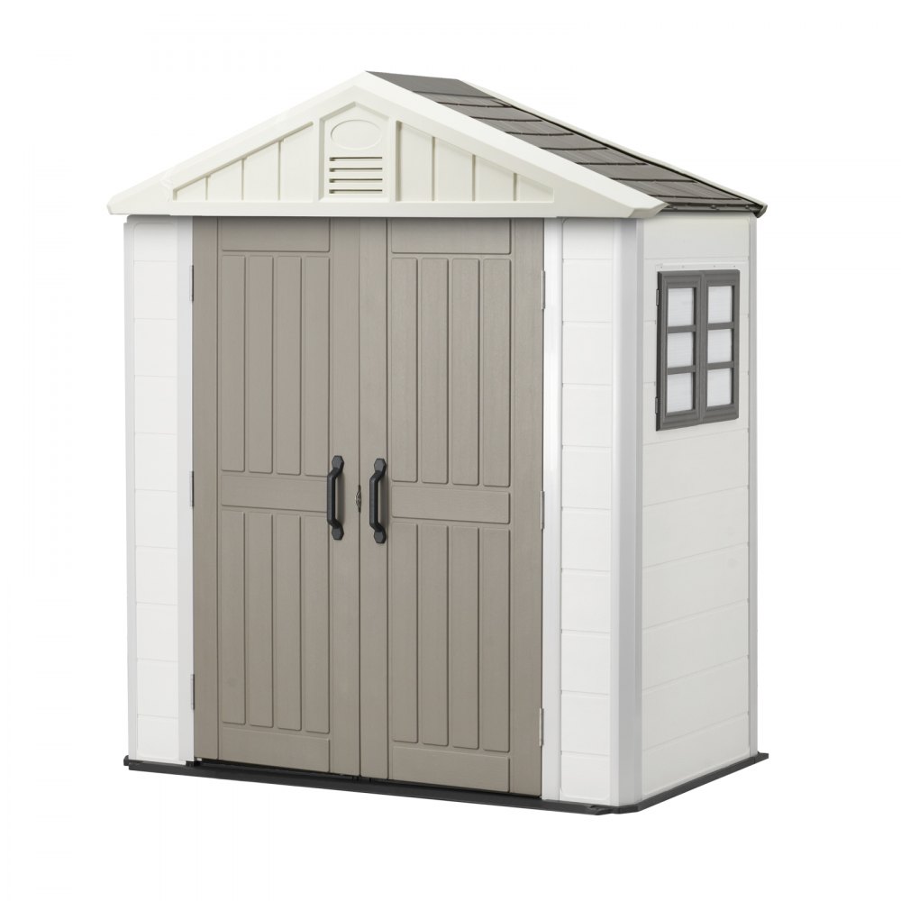 VEVOR Outdoor Storage Shed, 4x8 Ft, Heavy-Duty Resin Tool Shed, with Reinforced Floor, Skylight, Lockable Door, Weather Resistant, 152 Cu. Ft. for Garden Tools, Lawn Mower, Bike, Backyard, Patio, Grey