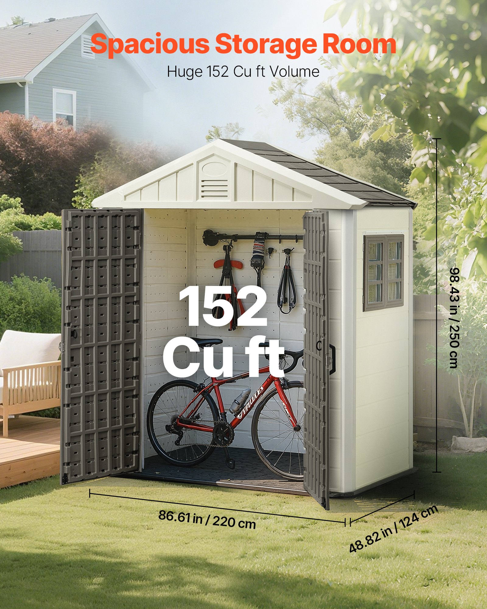 VEVOR Outdoor Storage Shed, 4x8 Ft, Heavy-Duty Resin Tool Shed, with Reinforced Floor, Skylight, Lockable Door, Weather Resistant, 152 Cu. Ft. for Garden Tools, Lawn Mower, Bike, Backyard, Patio, Grey