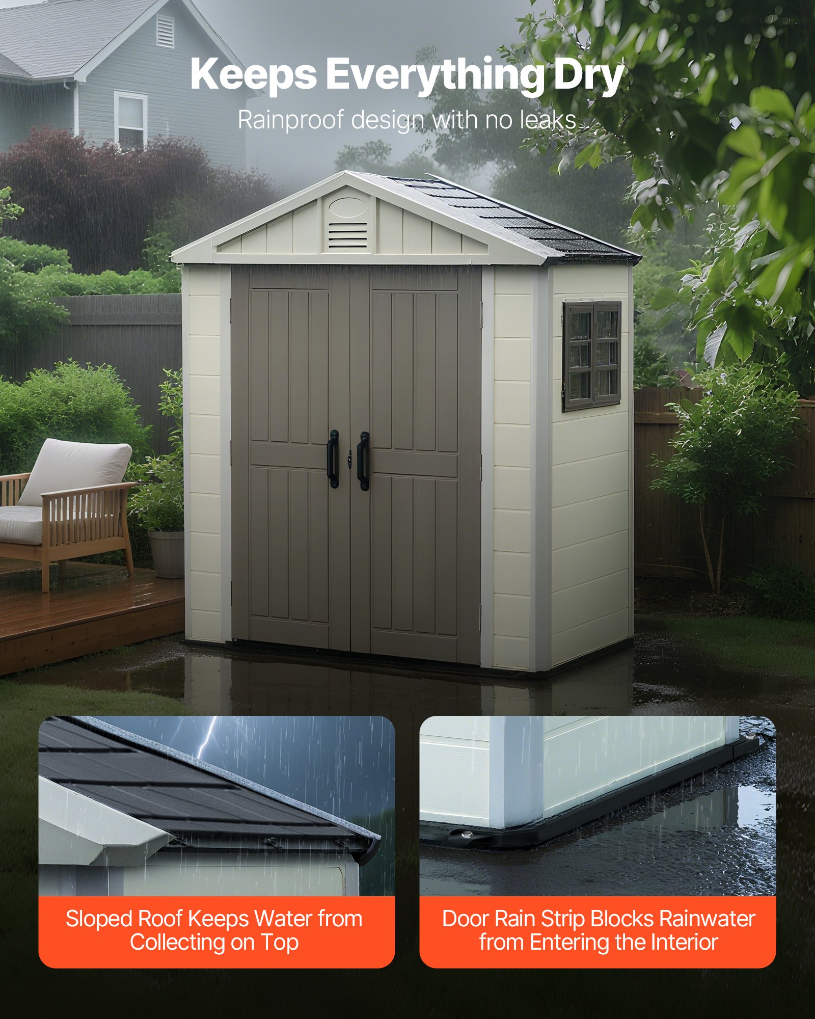 VEVOR Outdoor Storage Shed, 4x8 Ft, Heavy-Duty Resin Tool Shed, with Reinforced Floor, Skylight, Lockable Door, Weather Resistant, 152 Cu. Ft. for Garden Tools, Lawn Mower, Bike, Backyard, Patio, Grey