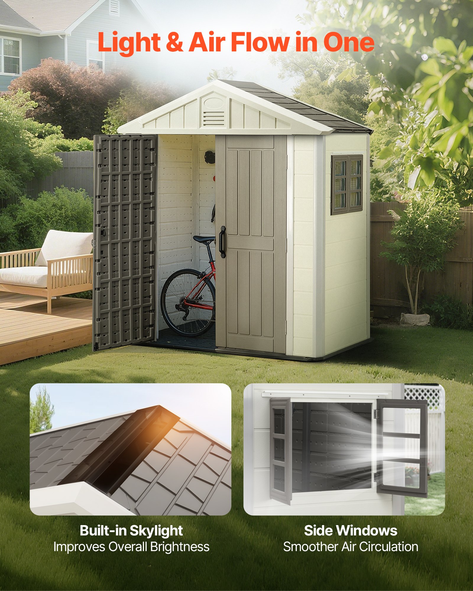 VEVOR Outdoor Storage Shed, 4x8 Ft, Heavy-Duty Resin Tool Shed, with Reinforced Floor, Skylight, Lockable Door, Weather Resistant, 152 Cu. Ft. for Garden Tools, Lawn Mower, Bike, Backyard, Patio, Grey