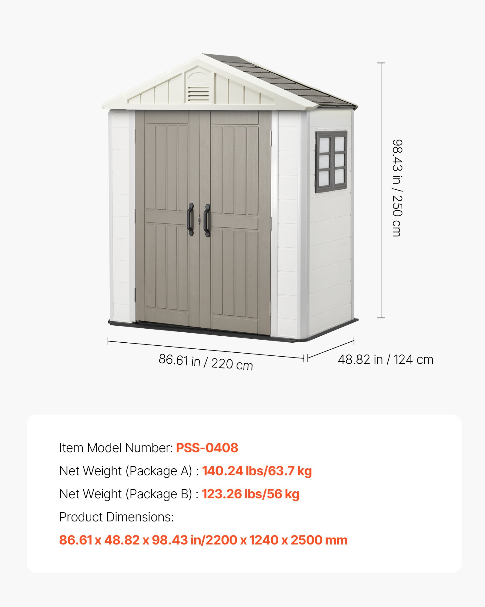 VEVOR Outdoor Storage Shed, 4x8 Ft, Heavy-Duty Resin Tool Shed, with Reinforced Floor, Skylight, Lockable Door, Weather Resistant, 152 Cu. Ft. for Garden Tools, Lawn Mower, Bike, Backyard, Patio, Grey