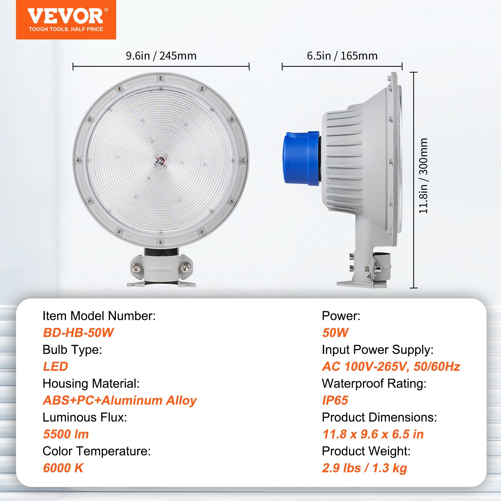VEVOR LED Barn Light, 50W 5500LM, Ultra Brightness 6000K Daylight, Dusk to Dawn Area Lights, Outdoor Security Flood Lighting, IP65 Waterproof for Outside Yard Street Garage Shed Patio, Wall/Pole Mount