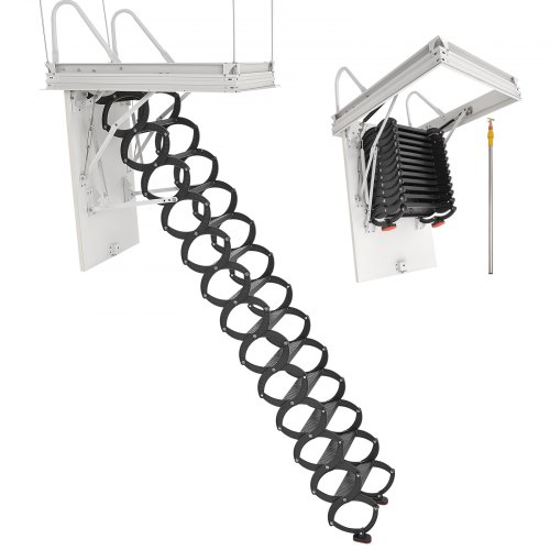 VEVOR Attic Ladder, 660LBS/299.4KG Capacity, Fits 10.5 to 11 ft Ceiling Height and 39.4 x 27.5 inch Opening Size, Alloy Steel Pull-Down Retractable Ceiling Stair with Pulling Rod for Attic Loft Roof