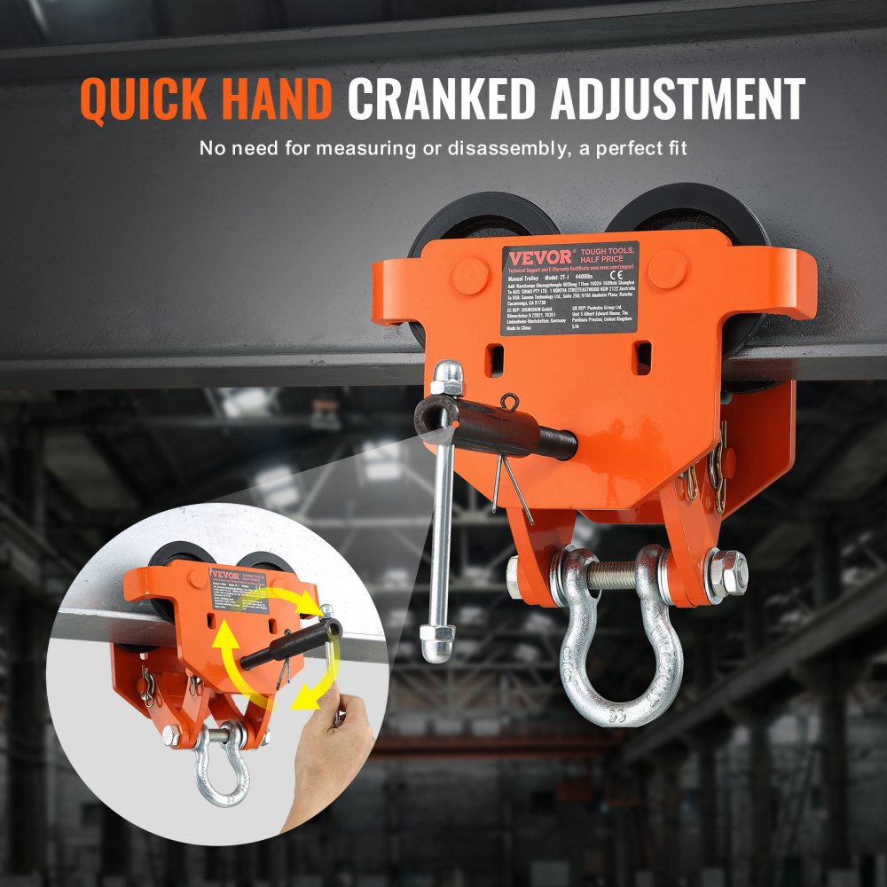 VEVOR Manual Trolley, 2 Ton Load Capacity, Push Beam Trolley with Dual Wheels, Adjustable for I-Beam Flange Width 71 mm to 170.2 mm, Heavy Duty Alloy Steel Garage Hoist for Straight Curved I Beam