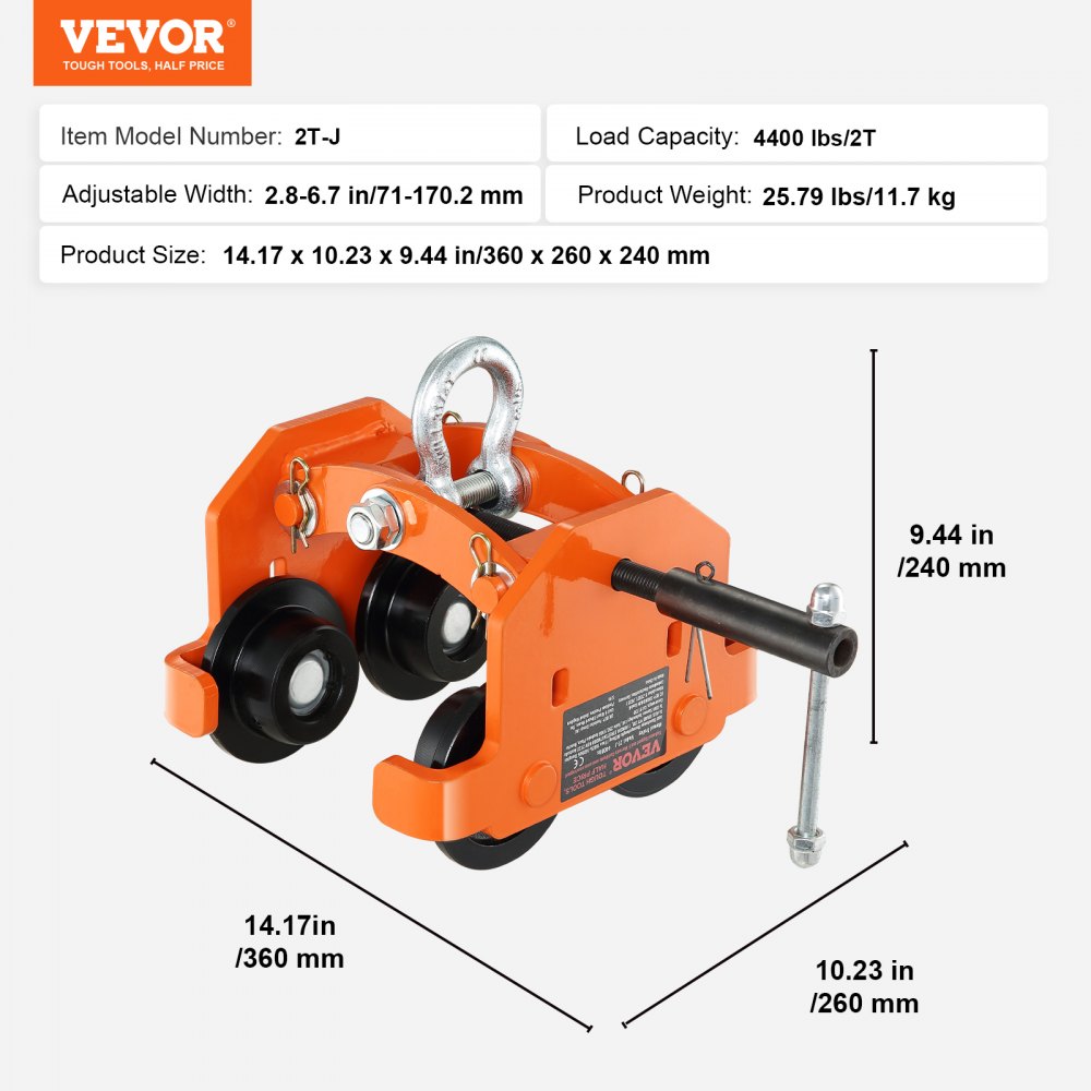 VEVOR Manual Trolley, 2 Ton Load Capacity, Push Beam Trolley with Dual Wheels, Adjustable for I-Beam Flange Width 71 mm to 170.2 mm, Heavy Duty Alloy Steel Garage Hoist for Straight Curved I Beam