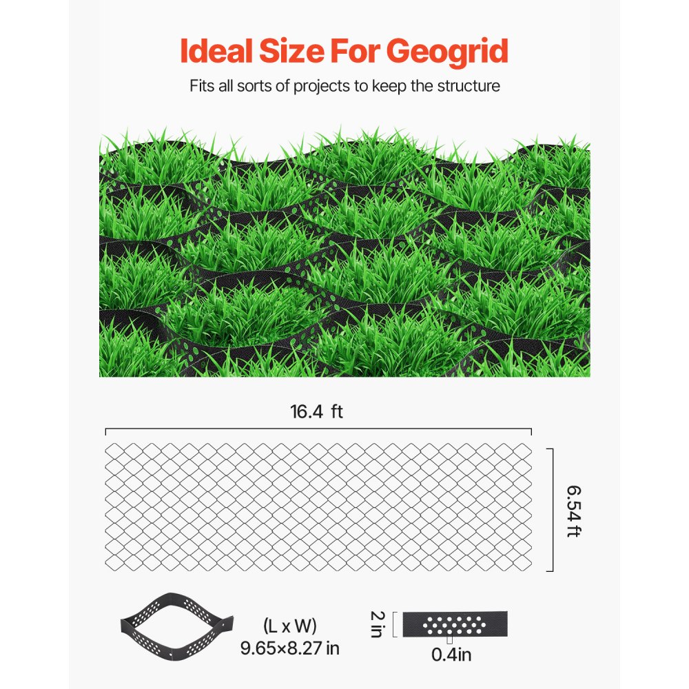 VEVOR Gravel Grid, 2 Inch Depth, 16.4 x 6.5 FT / 5000 x 1980 mm, 1880 LBS Per Sq ft Grass Ground Retainer, Permeable Geo Grids Driveway Stabilization, for Garden, Patio, Walkway, RV Parking Slopes