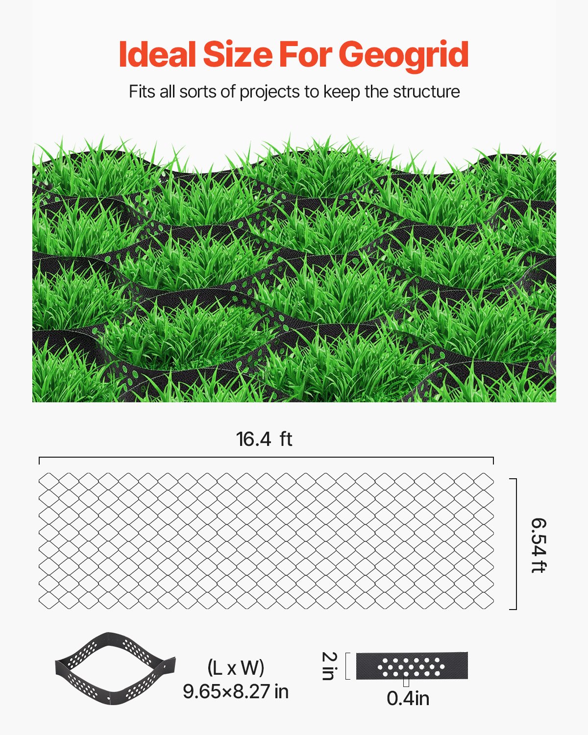 VEVOR Gravel Grid, 2 Inch Depth, 16.4 x 6.5 FT / 5000 x 1980 mm, 1880 LBS Per Sq ft Grass Ground Retainer, Permeable Geo Grids Driveway Stabilization, for Garden, Patio, Walkway, RV Parking Slopes