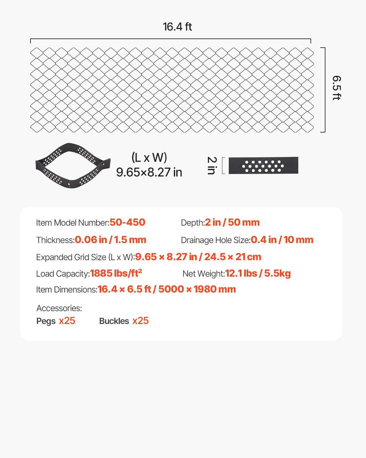 VEVOR Gravel Grid, 50mm Depth, 5 x 1.98m, 853kg Per Sq ft Grass Ground Retainer, Permeable Geo Grids Driveway Stabilization, for Garden, Patio, Walkway, RV Parking Slopes