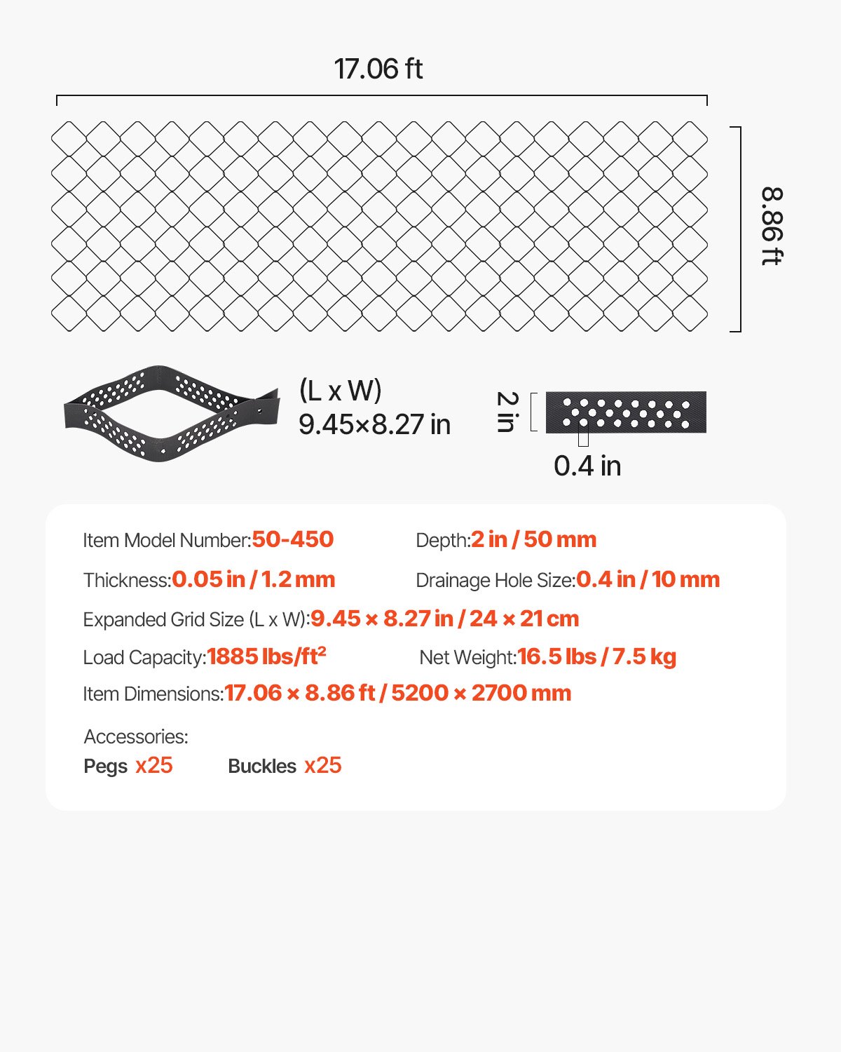 VEVOR Gravel Grid,50mm Depth, 5.2 x 2.7m, 853kg Per Sq ft Grass Ground Retainer, Permeable Geo Grids Driveway Stabilization, for Garden, Patio, Walkway, RV Parking Slopes